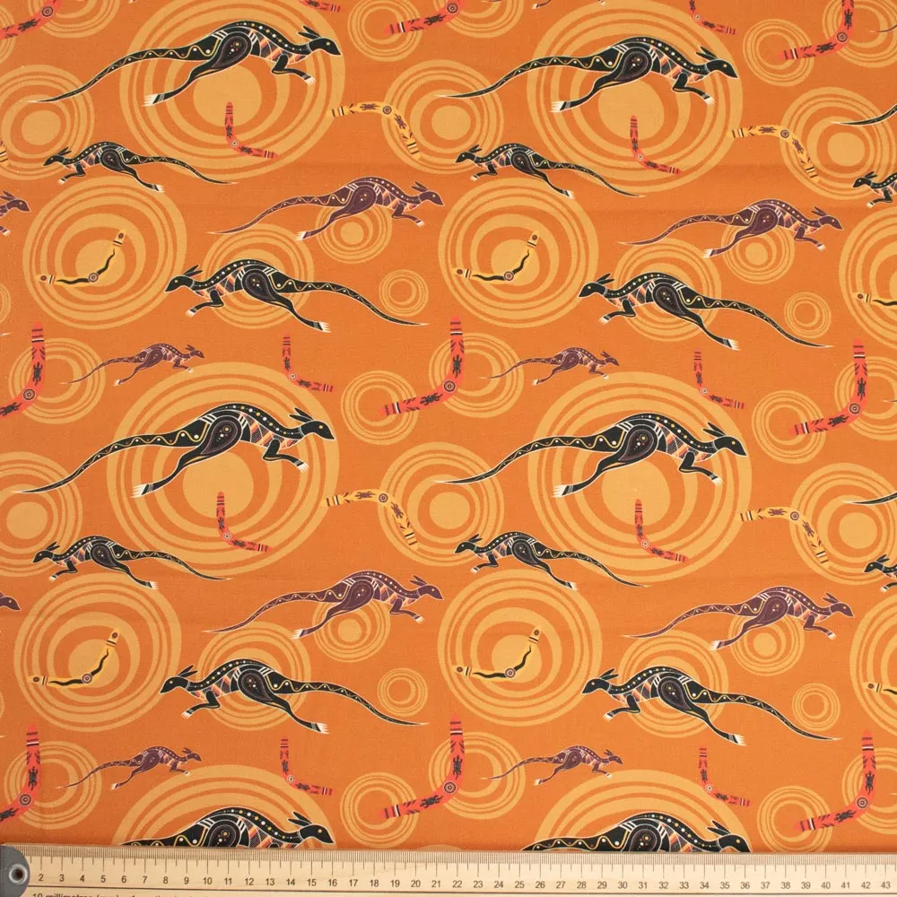 Australiana/Aboriginal Inspired Cotton Prints Design - Kangaroo & Boomerang on Orange