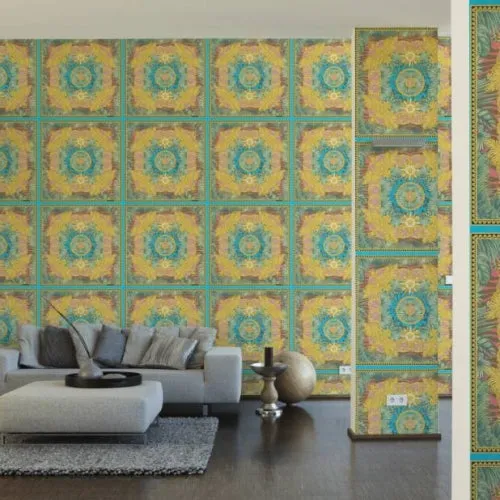 Baroque Ornaments Textured Wallpaper in Gold/Multi from the Versace V Collection