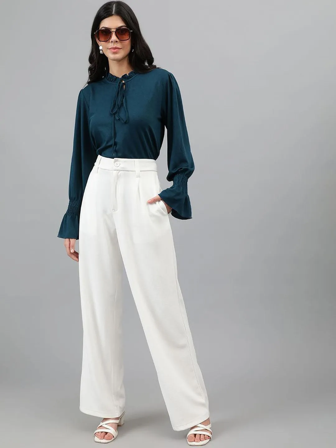 Black and White Women Regular Fit Solid Formal Trousers Pack of 2