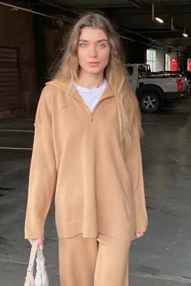 Camel Zipper Detailed Knitwear Sweater