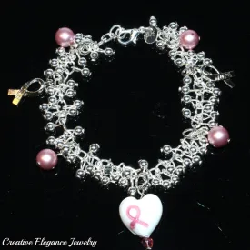 Cancer Awareness Hope Ribbon And Heart Charm Silver Bracelet