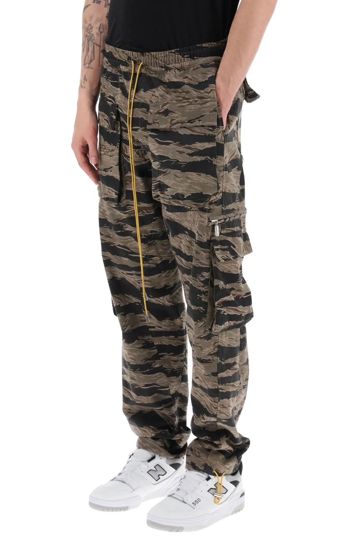 cargo pants with 'tiger camo' motif all-over