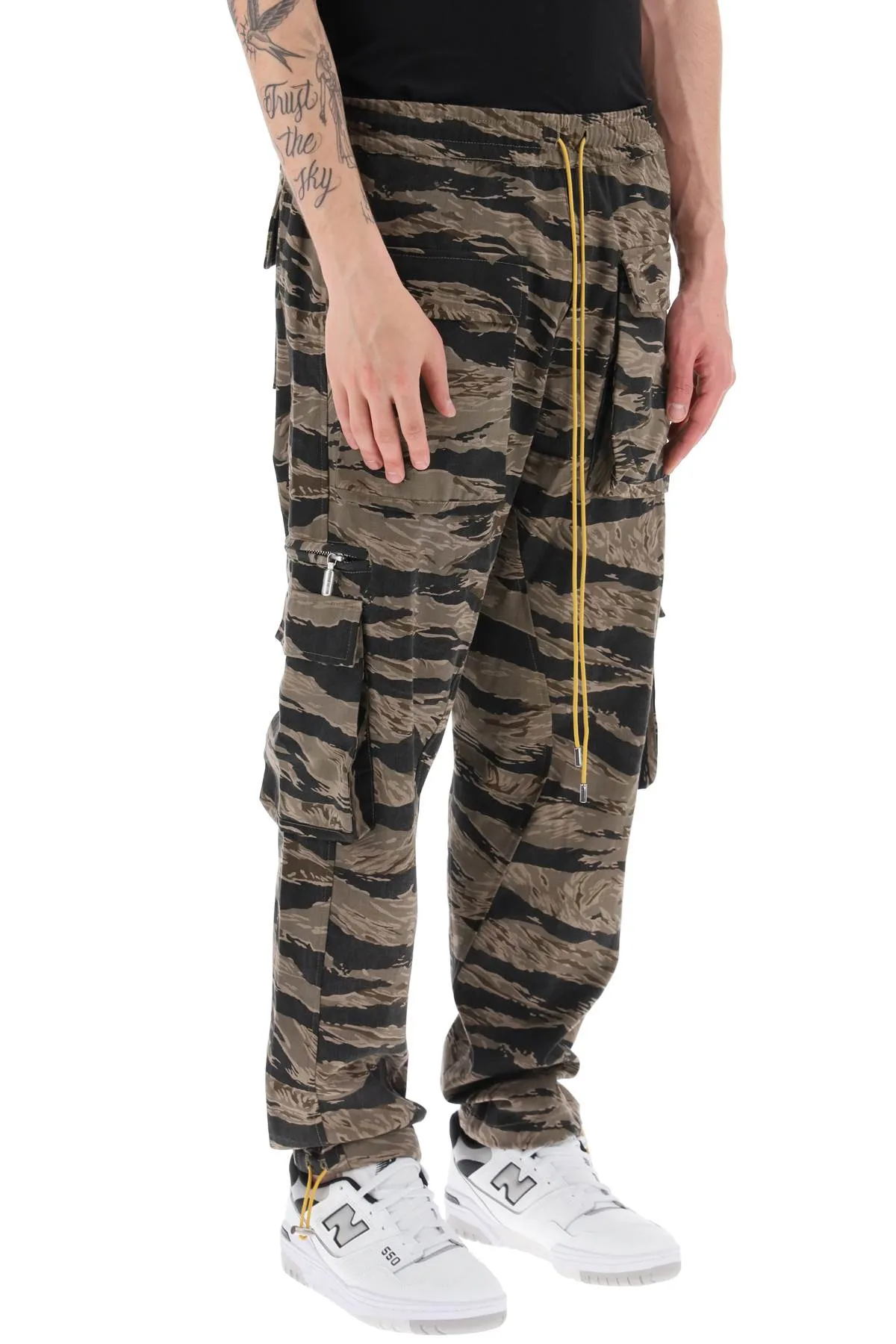 cargo pants with 'tiger camo' motif all-over