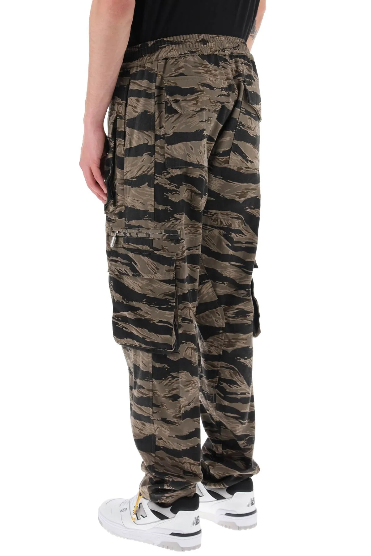 cargo pants with 'tiger camo' motif all-over