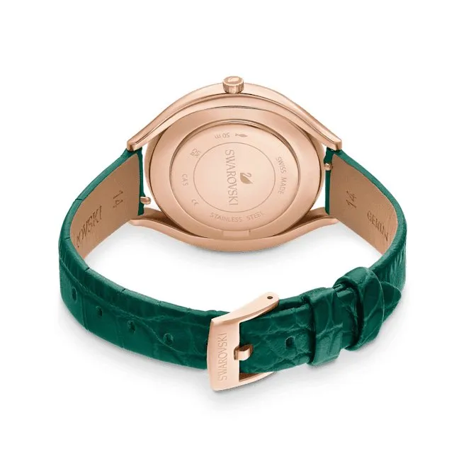 Crystalline Aura Leather Strap Green Rose Gold-tone Finish Watch 5644078