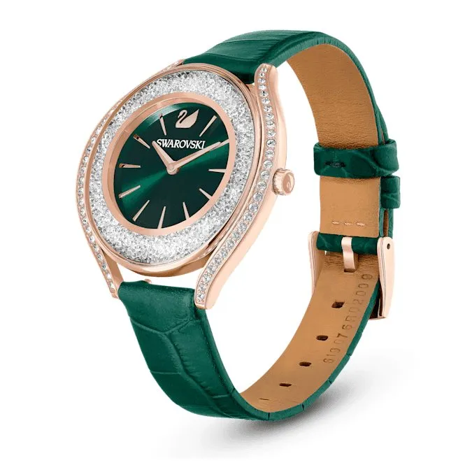 Crystalline Aura Leather Strap Green Rose Gold-tone Finish Watch 5644078