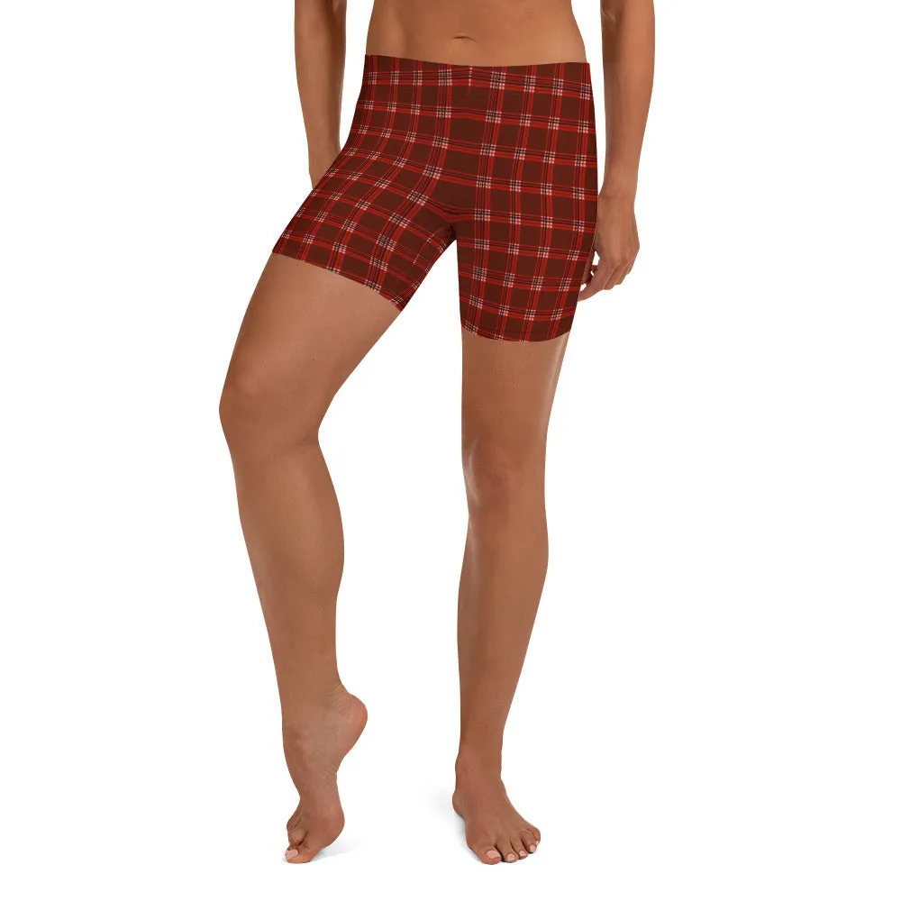 Dark Red Plaid Shorts, Tartan Print Traditional Women's Fitness Short Tights-Made in USA/EU