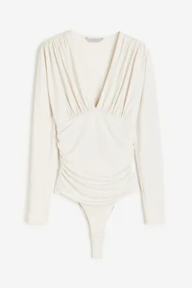 H&M Draped V-neck Thong Bodysuit, light beige