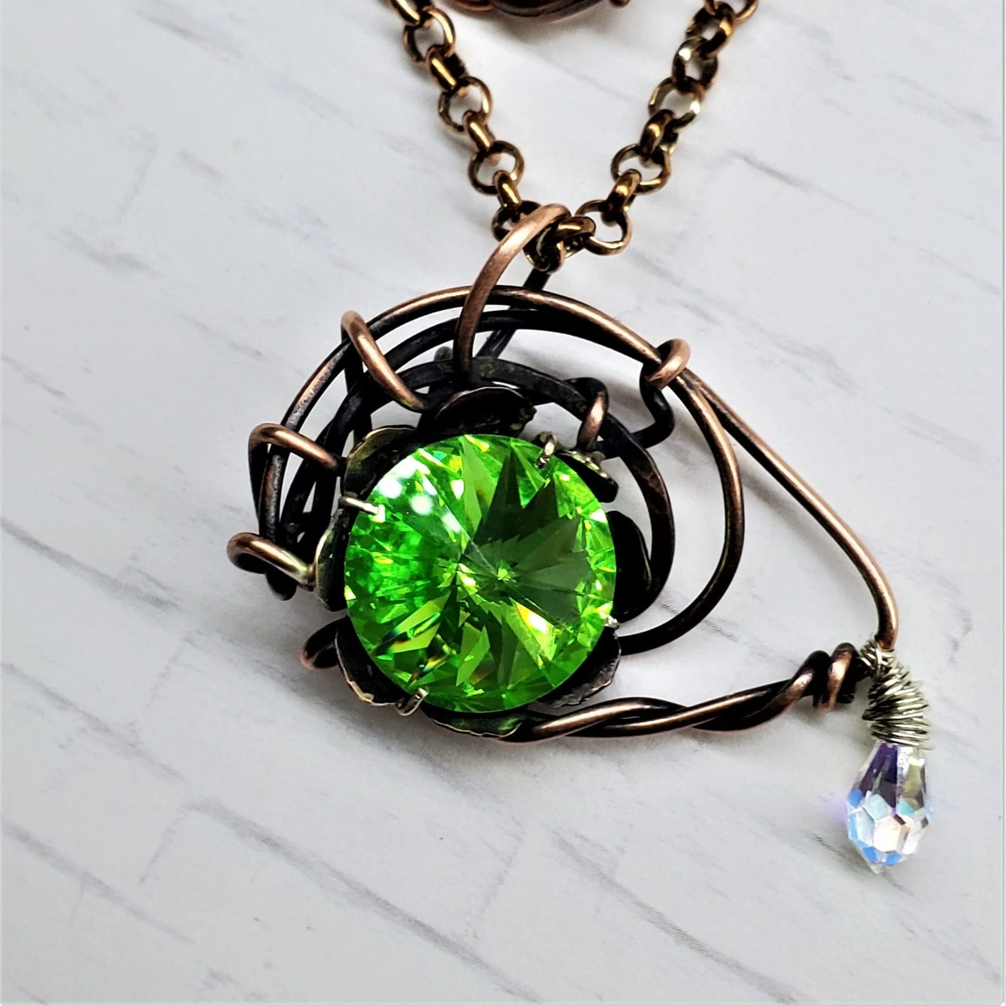 Handmade Wire Sculpted Green Crystal Copper Eye Necklace