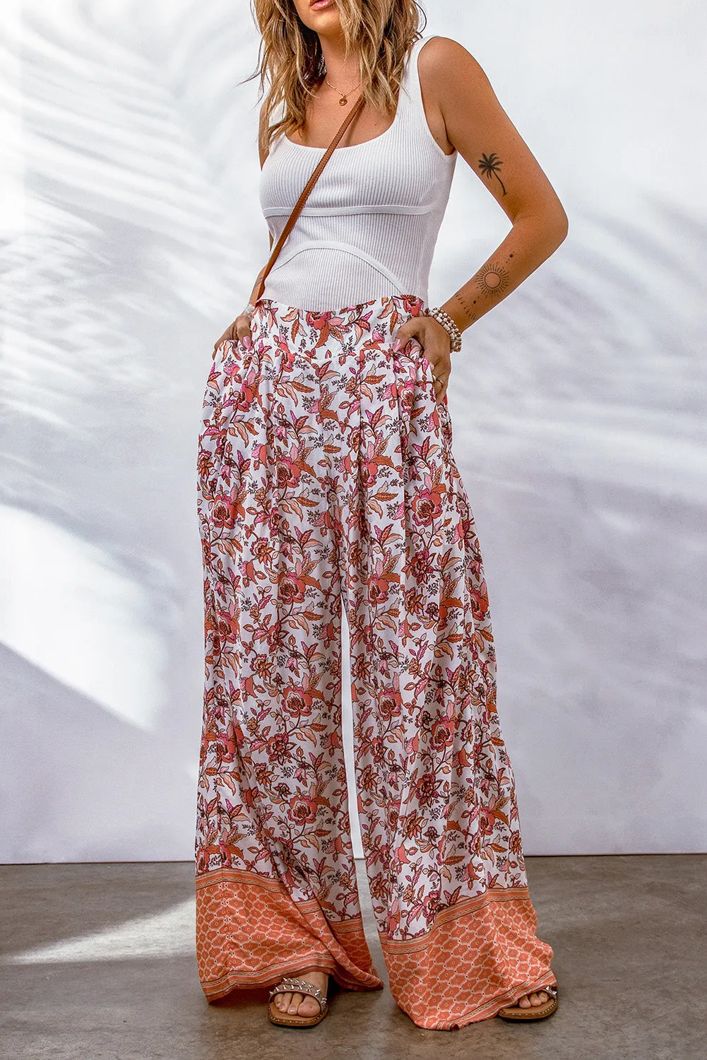 Kenzie - Red Floral Print Shirred High Waist Wide Leg Pants