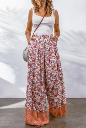 Kenzie - Red Floral Print Shirred High Waist Wide Leg Pants