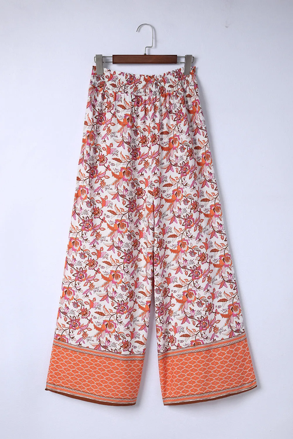 Kenzie - Red Floral Print Shirred High Waist Wide Leg Pants