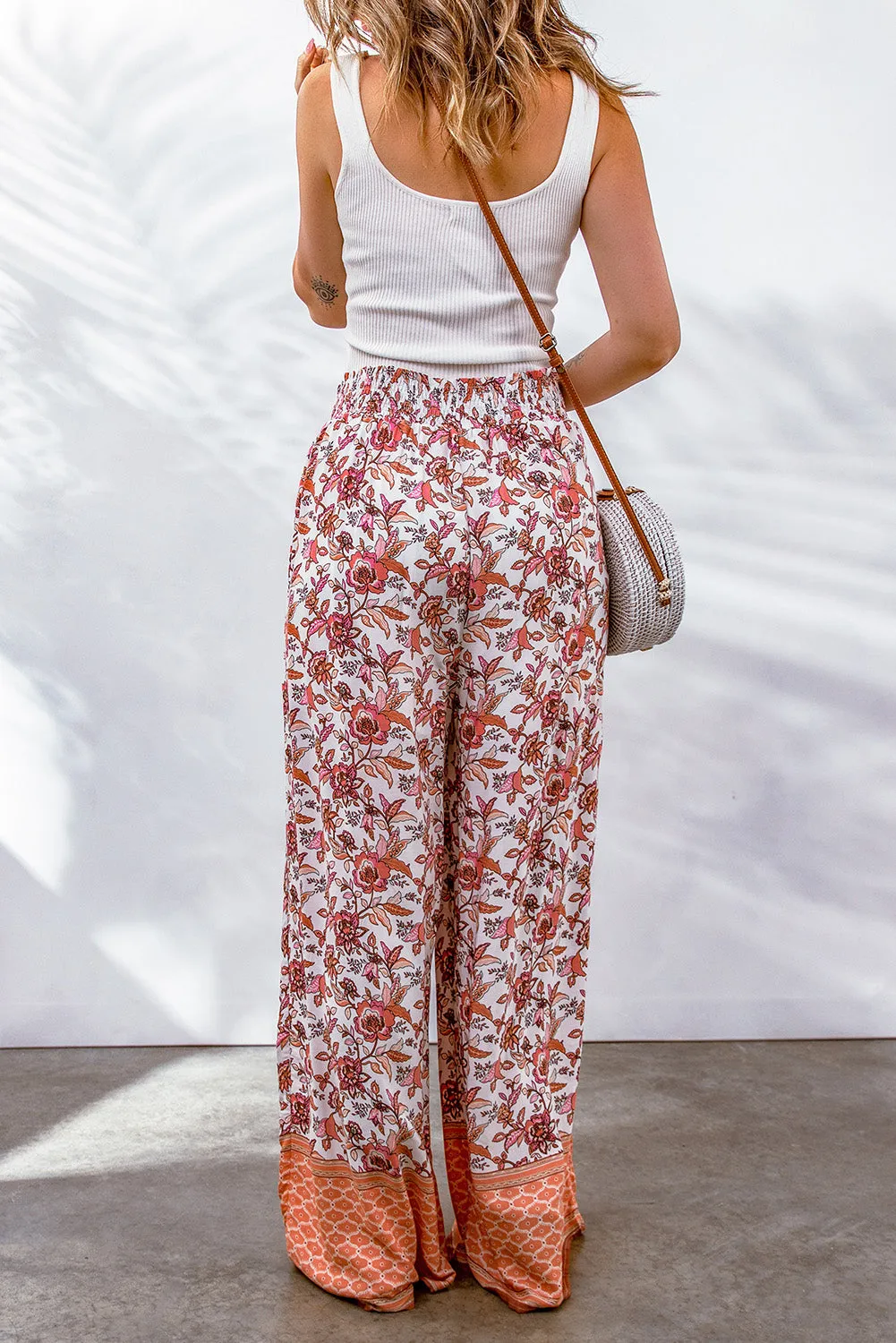 Kenzie - Red Floral Print Shirred High Waist Wide Leg Pants