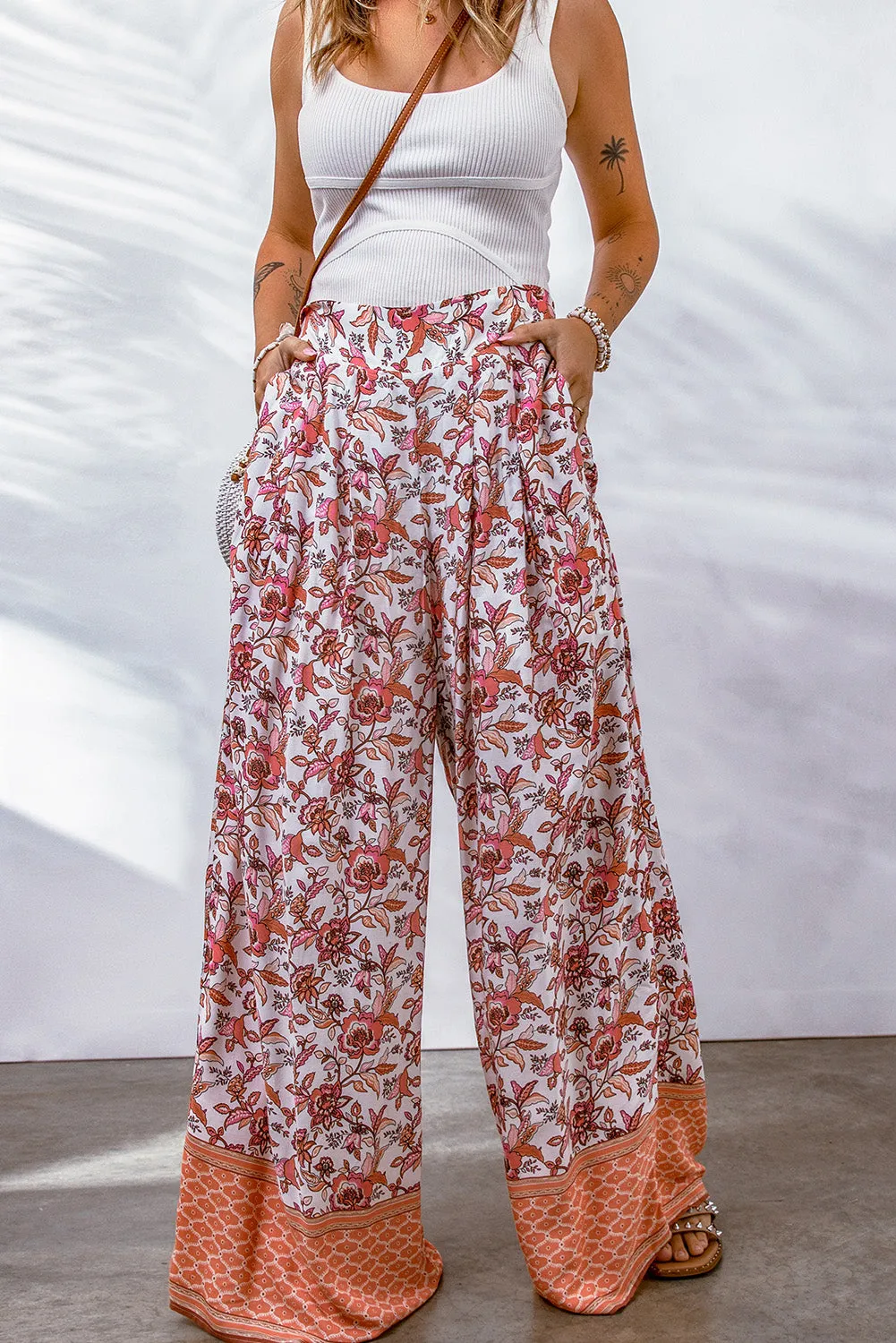 Kenzie - Red Floral Print Shirred High Waist Wide Leg Pants