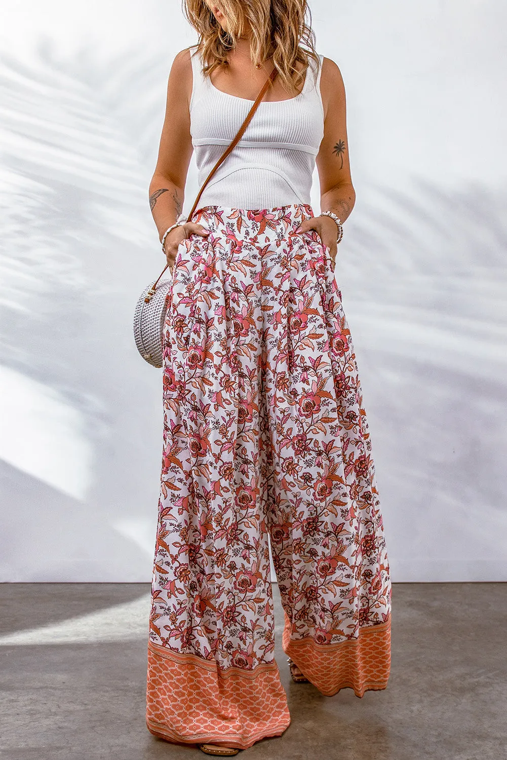 Kenzie - Red Floral Print Shirred High Waist Wide Leg Pants