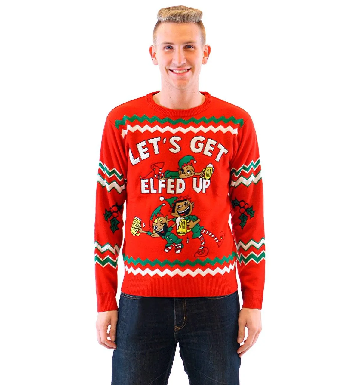 Let's Get Elfed Up Drunken Elves Ugly Christmas Xmas Sweater