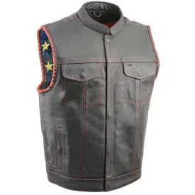 Milwaukee Leather MLM3506 Men's Black Premium Leather Vest - Old Glory Laced Armholes Red Stitching Club Style Vest
