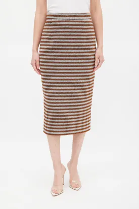 Orange & Silver Metallic Striped Pencil Skirt