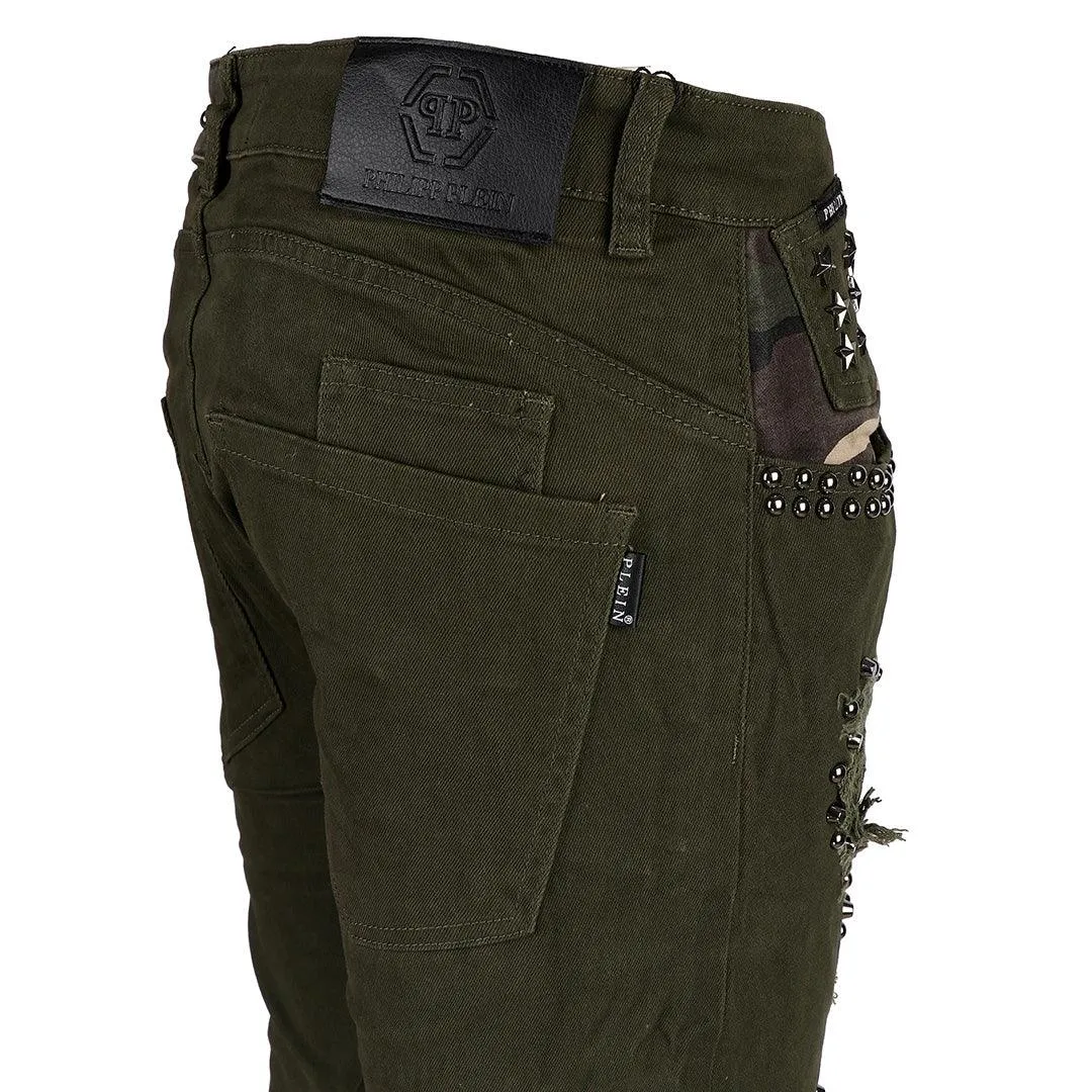PP Men's Straight Cut Camo Inspired Distressed Jeans- Green