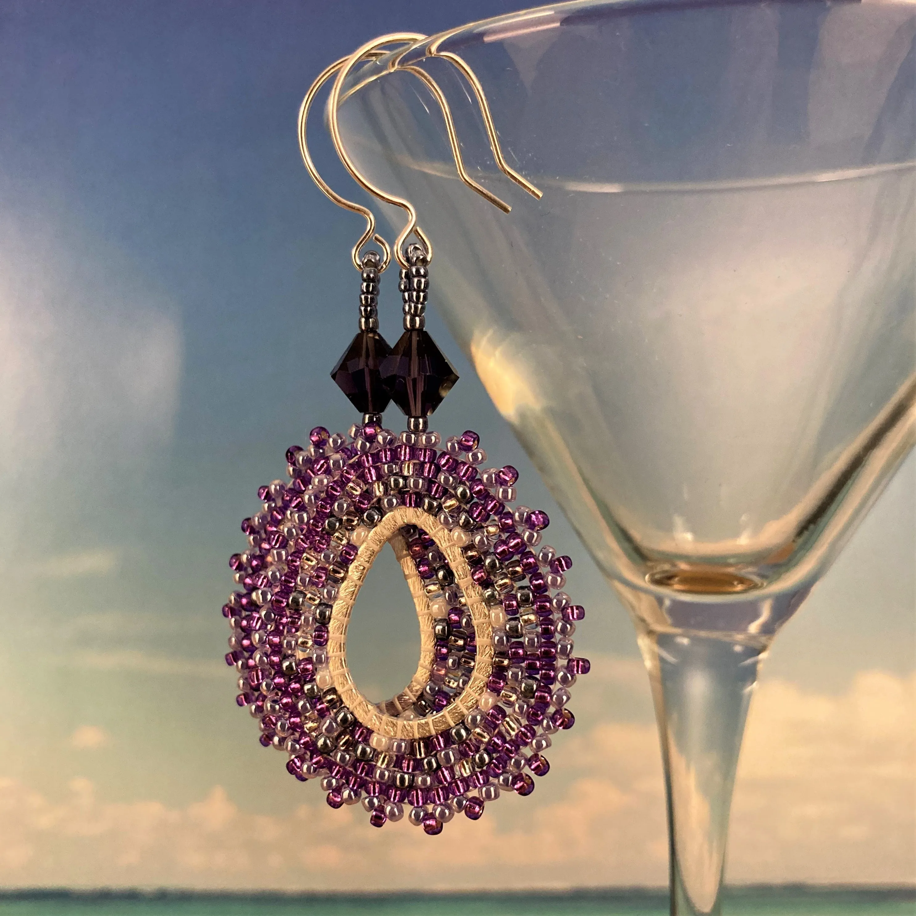 Purple and Silver Oval Hoop Beaded Earrings with Swarovski™ Crystals