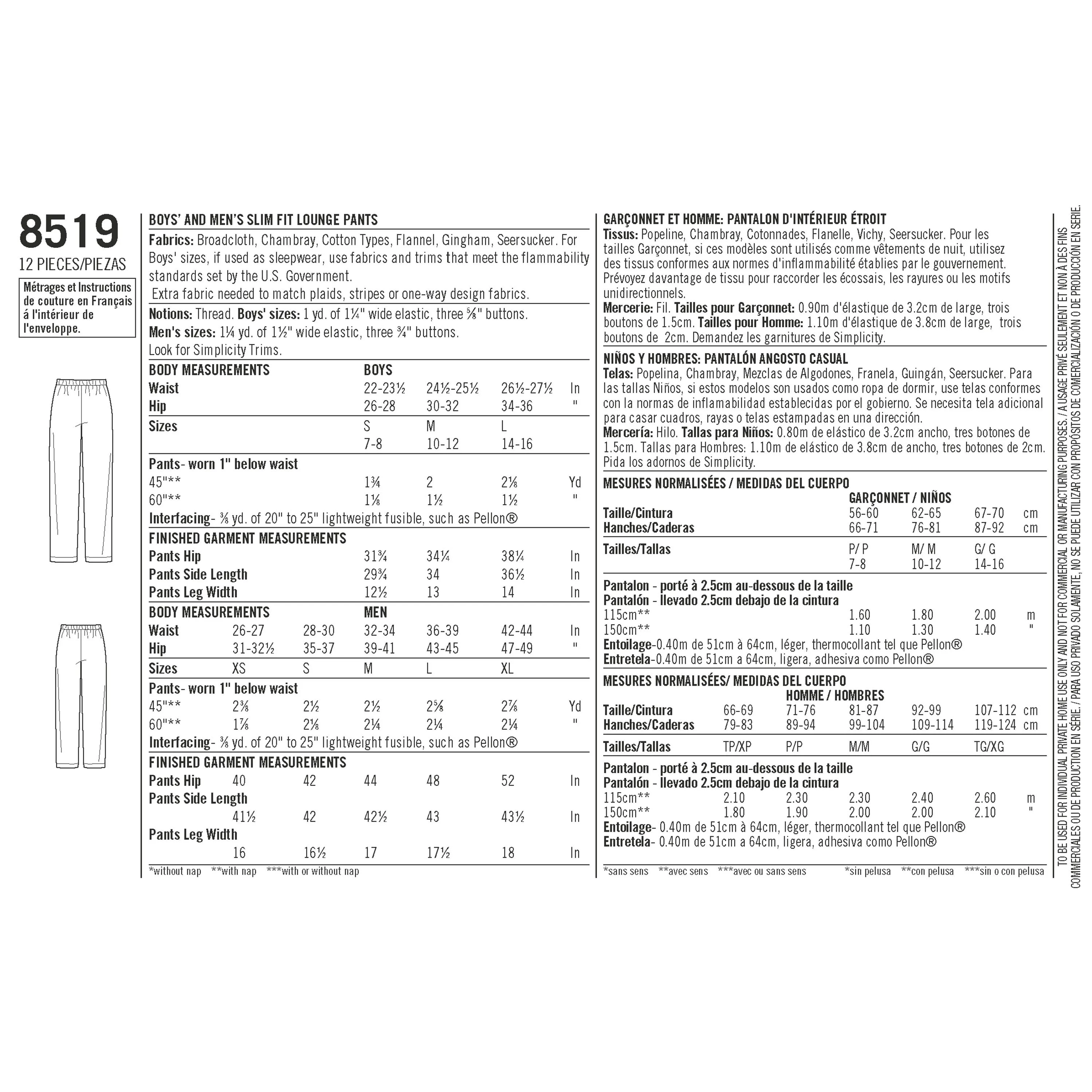 Simplicity Pattern 8519 boys and mens slim fit lounge trousers