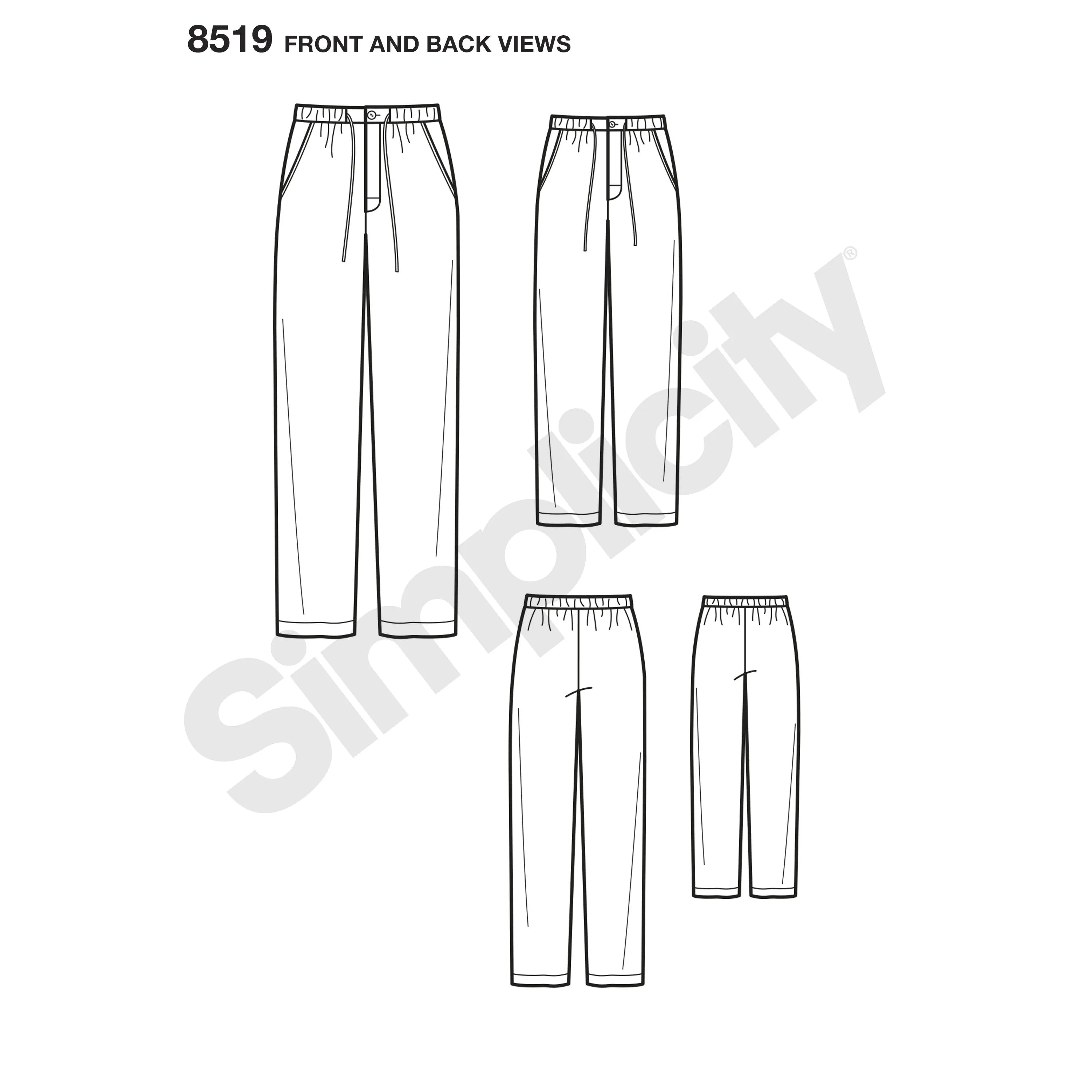 Simplicity Pattern 8519 boys and mens slim fit lounge trousers
