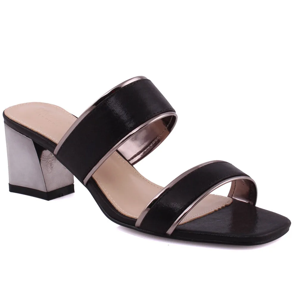Women “LAYLA ” Fabric Double Strap Slip On Block Heel Shoes